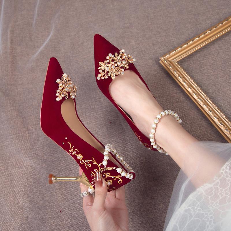 Fashion Women Red High Heel Shoes Elegant Fashion Designer Pointed Tip Fine High Heels Women Water Diamond Banquet Wedding Shoes Tacones