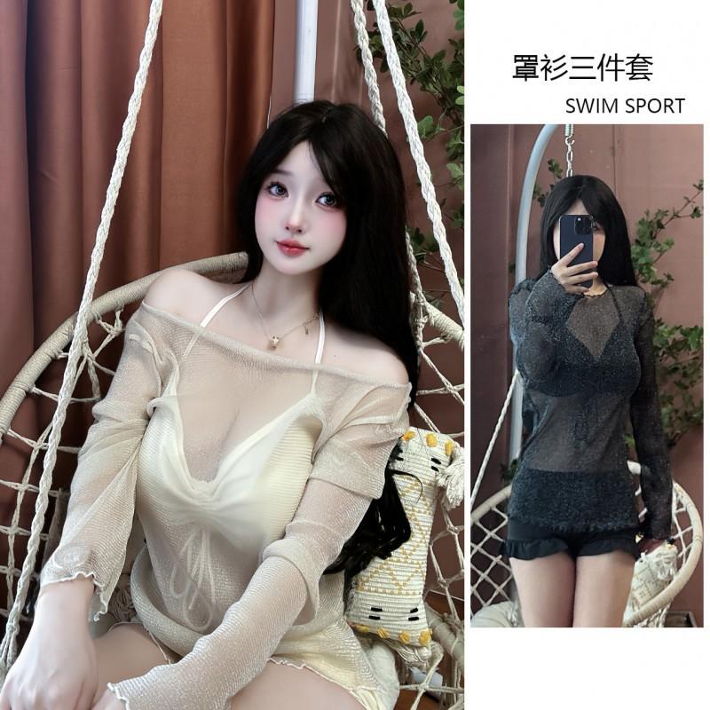 Korean Swimsuit Female Student Sexy Blouse Covers Belly To Show Slimming Split Three-piece Set Conservative Small Chest High Waist Quick-drying