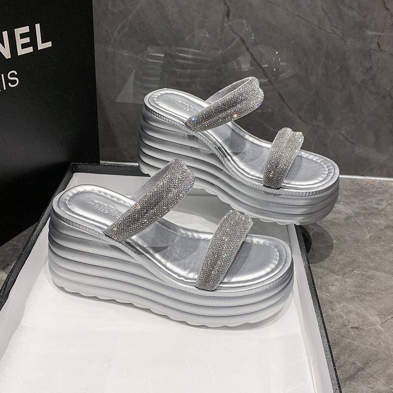 2025New Heeled Sandals Ladies Crystals Platform High Heels Slippers Woman Summer Wedges Shoes Beige Sandalese Femme Confortable