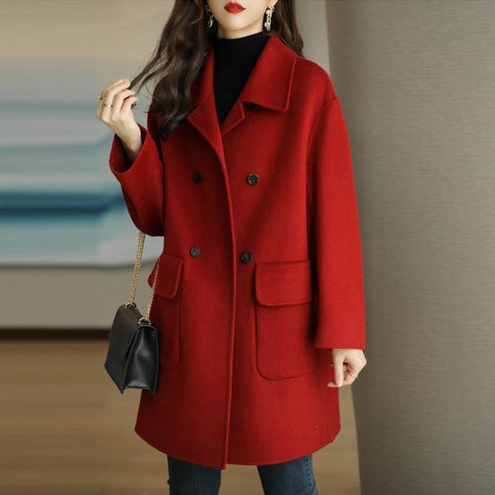 Women Jacket Turn-down Collar Long Sleeves Double-breasted Windbreaker Loose Pockets Mid Length Outdoor Travel Commuting Overcoat