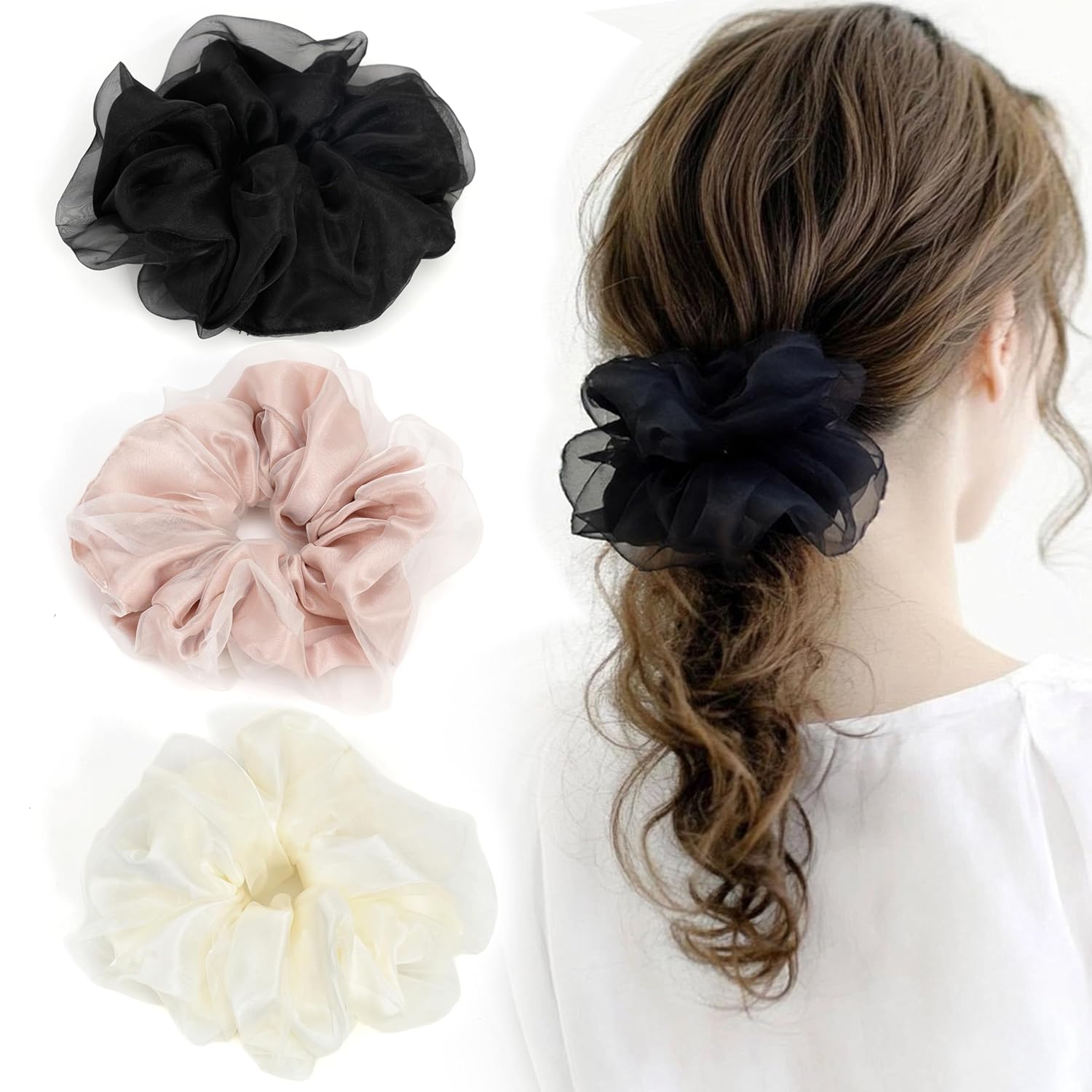 Chouchou hair accessory tie organza sheer glossy adult-like large big updo stylish 3-piece set casual trend adult cute gift