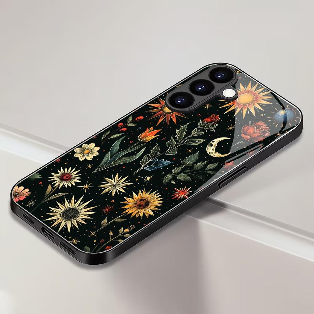 Retro Floral Plant Tempered Glass Phone Case Suitable for Samsung Galaxy S26 S25 S24 S23 S22 S21 S20 FE/Ultra/Plus Anti Drop