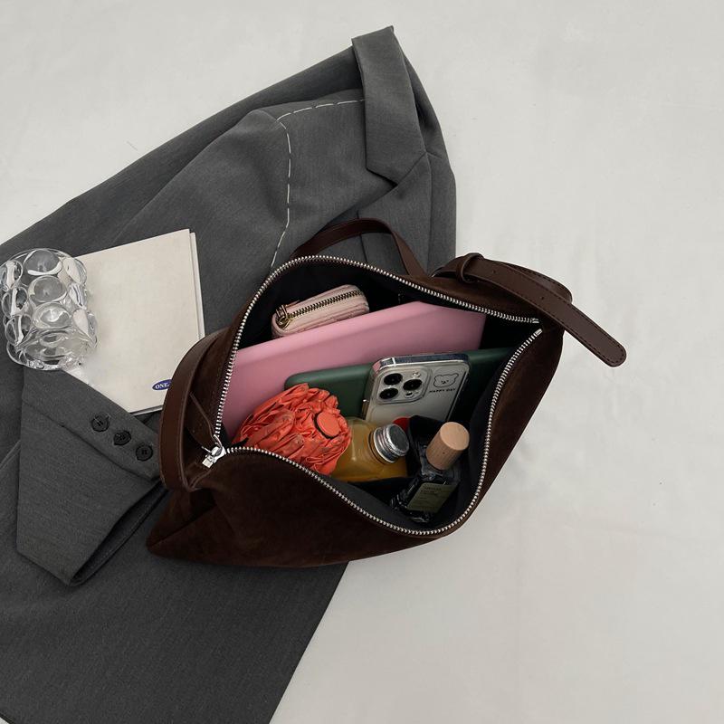 Women Suede PU Leather Large Capacity All-match Shoulder Bag Vintage Solid Color Casual Style Commuter Tote Bag KTY