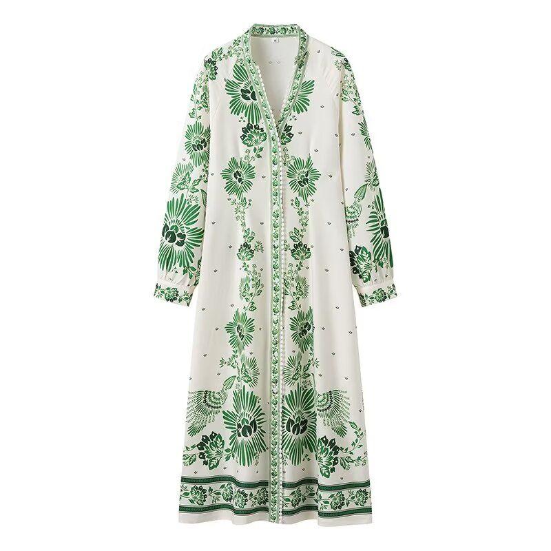 

Kaslead New Arrival Women s Clothing Fashion Style Fashion Casual Minimalist Print Long Sleeves Long Dress Green L