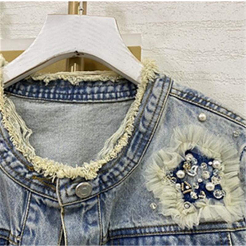 Denim Jacket for Women's Spring Autumn Heavy Industry Beading Jeans Coat Fashion O-neck Short Outerwear Female