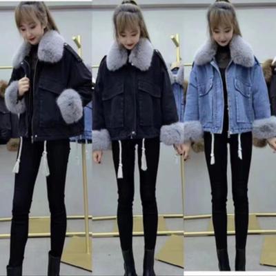 Women's Short Plush Denim Jacket with Fur Collar - 2025 Winter Trend
