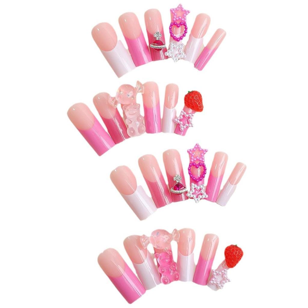 Hot-Selling Extra Long Handmade Wearable Nails with French Edge and Pearl Candy Heart Design