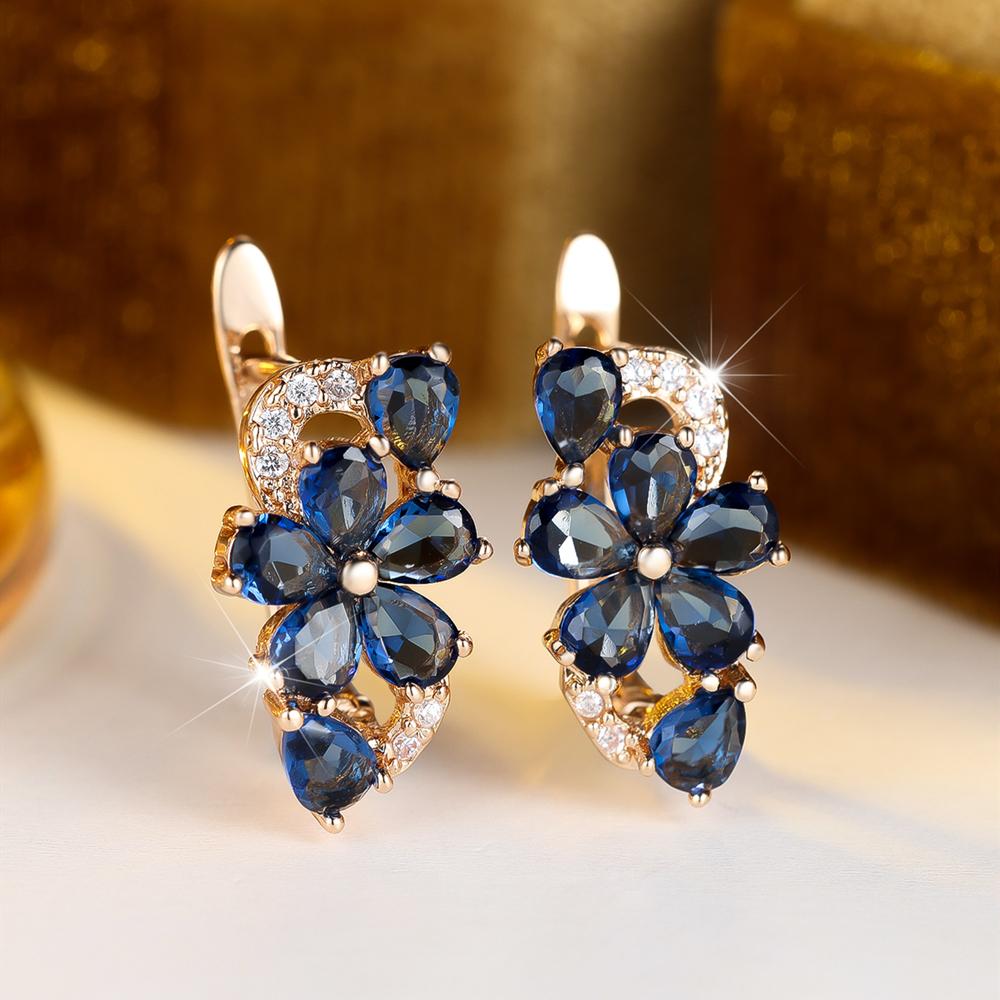 Exquisite Blue Green Purple Pink Zircon Flowers Drop Earrings for Women Gold Color Wedding Party Jewelry Gift