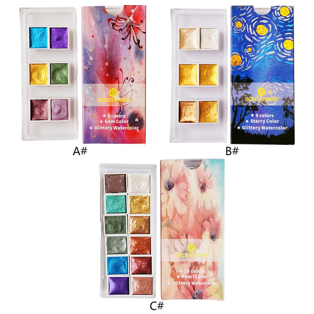 Praktyczne Pigmenty Akwarelowe Brokatowe Farby Stałe 6/12 Kolorów Silne Krycie dla Uczniów Dzieci Początkujących Artystów Prezent