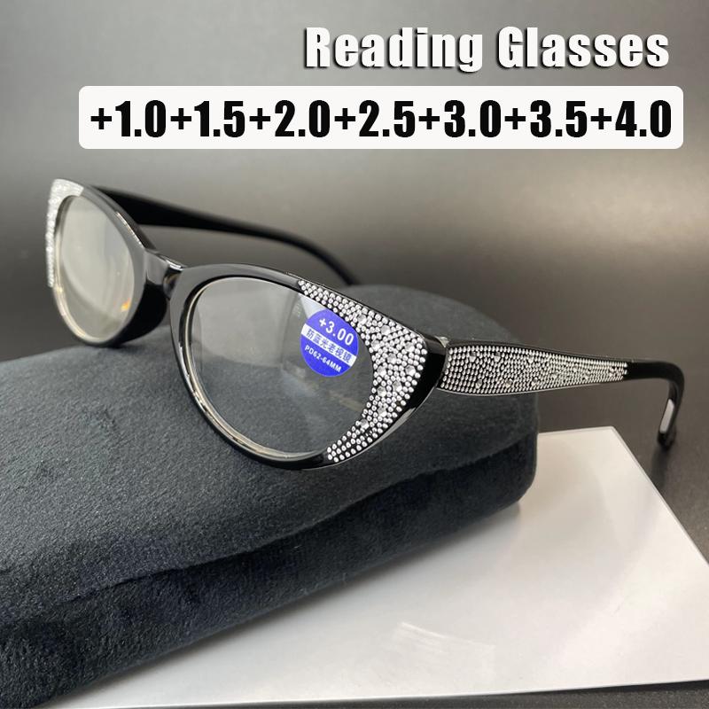 Fashionable Diamond-Studded Anti-Blue Light Presbyopia Glasses Retro Cat-Eye Senior Eyewear Oval Small-Frame HD Reading Glasses