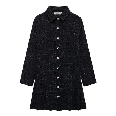 Women Fashion Texture Black Single Breasted Mini Dress Vintage Lapel Neck Long Sleeves Female Chic