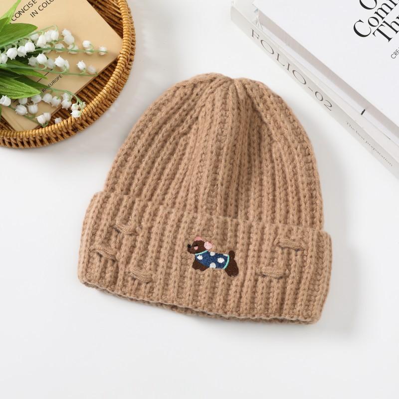 Cute Puppy Embroidered Hole Knitted Hat for Women Autumn and Winter New Style Baotou Cold Hat Warm Ear Protection Woolen Hat for Women