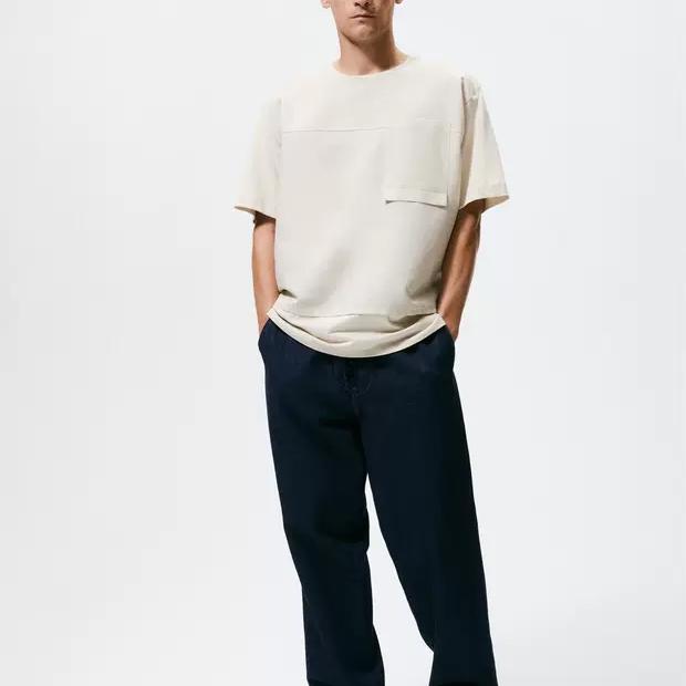Zara Cotton Linen Pocket Detail Round Neck Short Sleeve T-Shirt Men Tops Beige 7545260-052