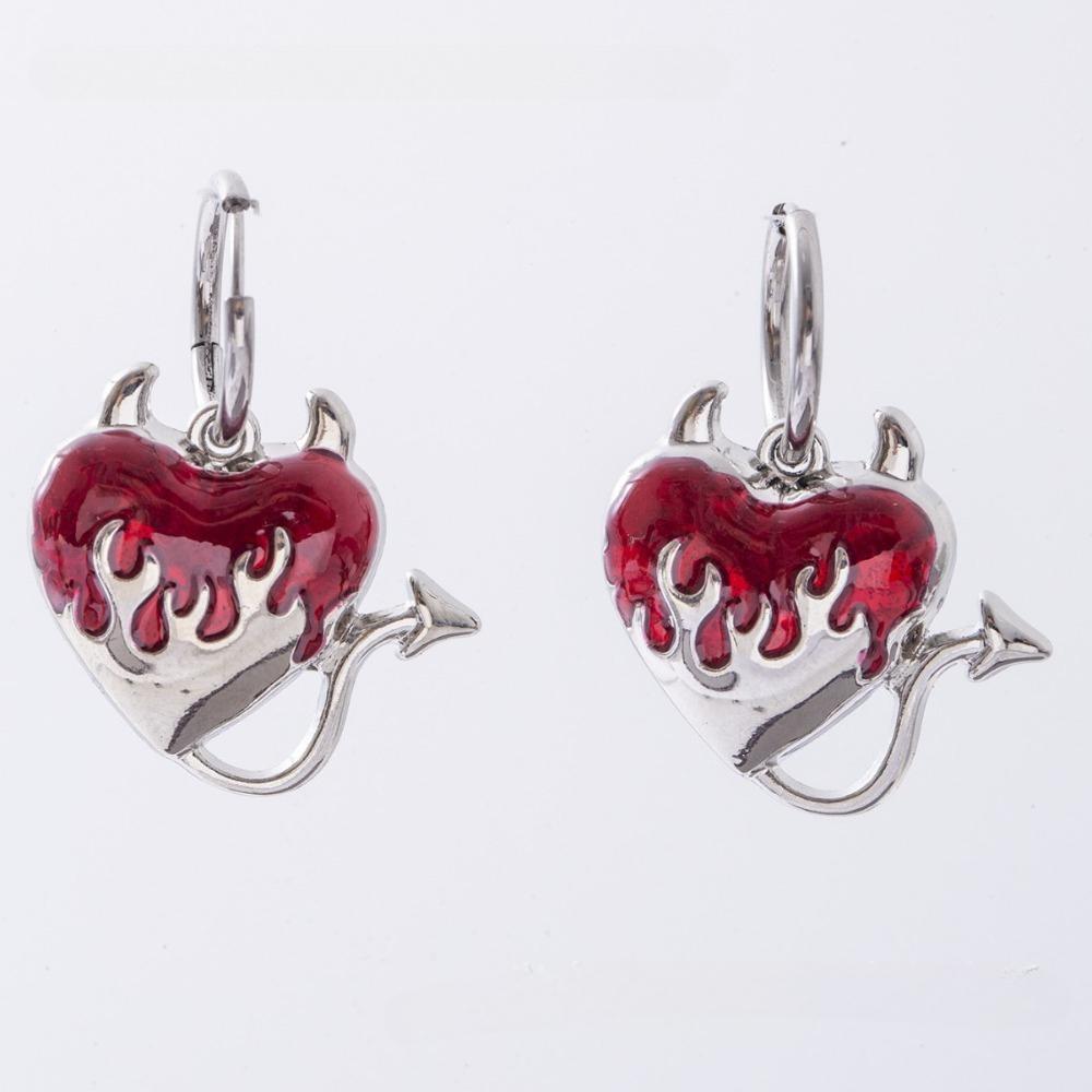 Gothic Personality Silver Color Stainless Steel Red Drip Glaze Heart-shaped Flame Arrow Tail Dangle Earrings for Women Jewelry