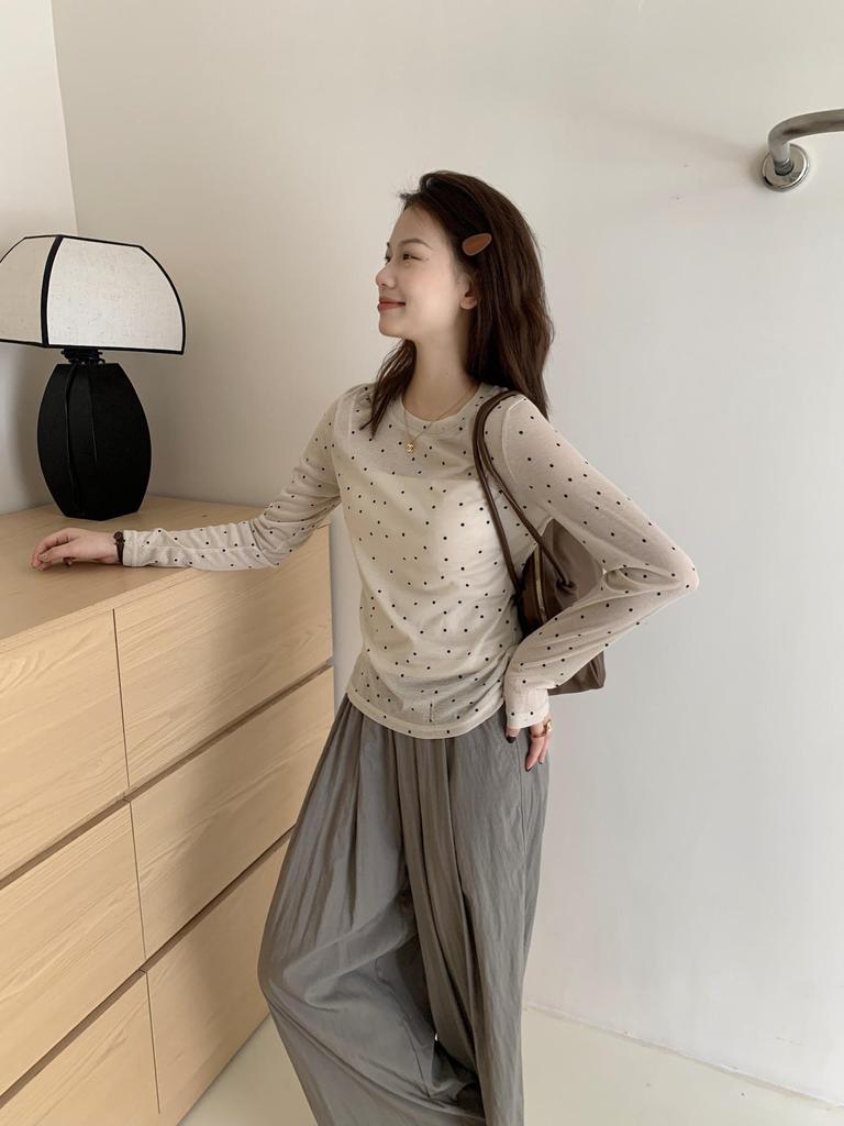 Women's Layered Polka Dot Long Sleeve T-shirt - Spring/Summer 2024 See-through Slimming Design