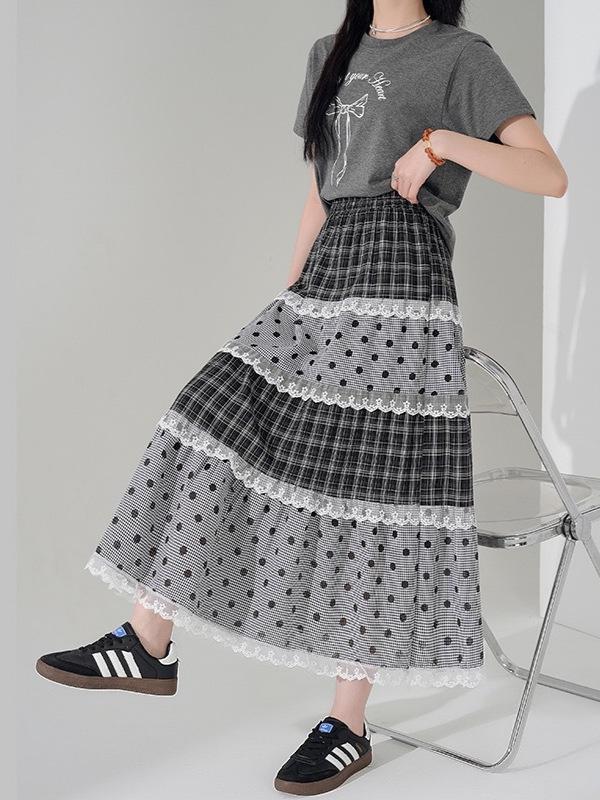 Jupe Midi en Dentelle à Pois Japonais: Ligne A, Étages, Doux, Style Collège pour la Garde-robe d'Été des Femmes