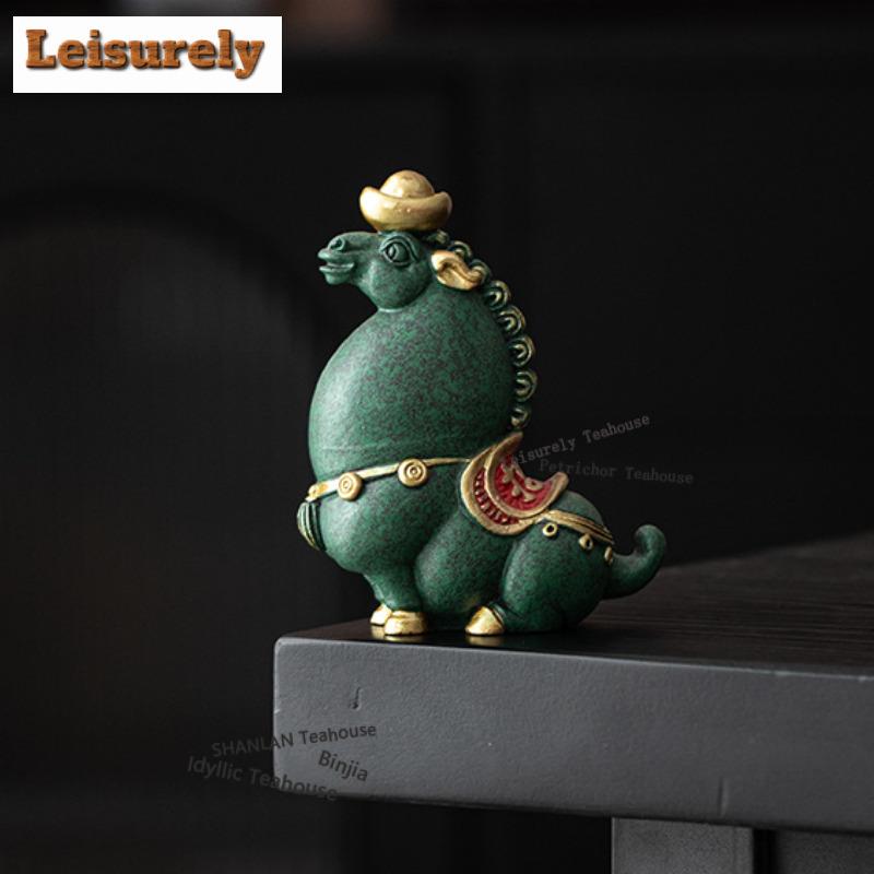 Green Sandstone Wealth-attracting Horses Tea Pet Aesthetic Tea Games Tea Figurine Play Toys Tea Statue Ornaments Cafes Supplies