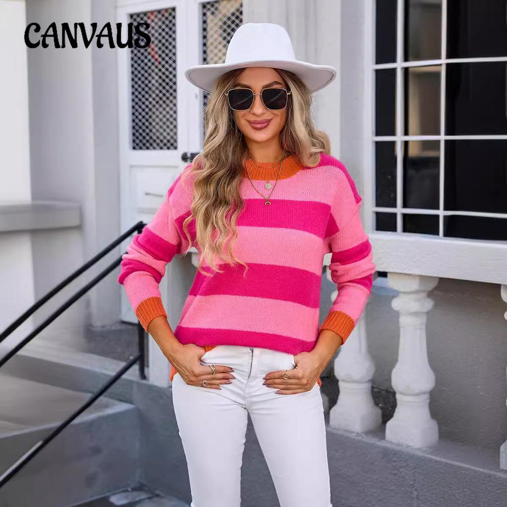 Høst- og vintergenser med striper og lappeteppe til dame i store størrelser