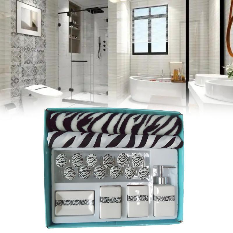 Modern Geometric Polyester Bathroom Set With Shower Curtain And Nonslip Mat For Home Use