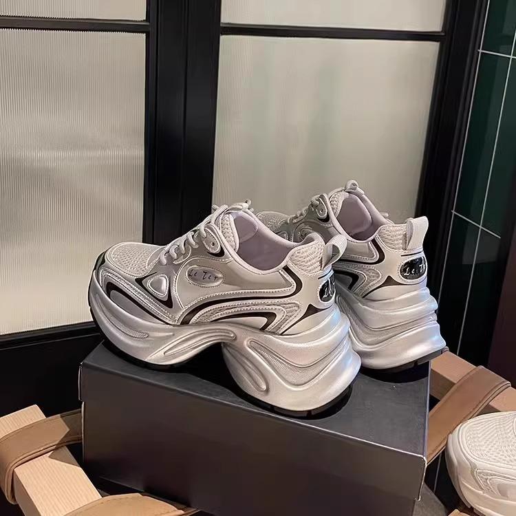 Sports Shoes Silver Sneakers Women's Spring and Summer Design Thick Bottom Comfortable Classic Height Increasing Pops Shoes