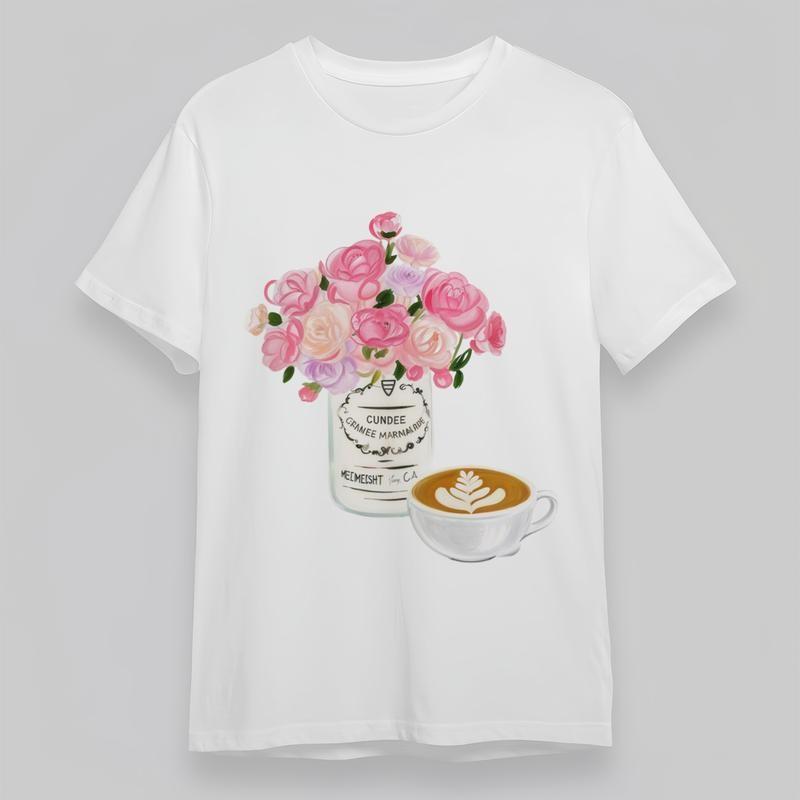 Women's Plus Size T-Shirt Floral Vase With Pink Flowers Coffee Art Graphic Tee