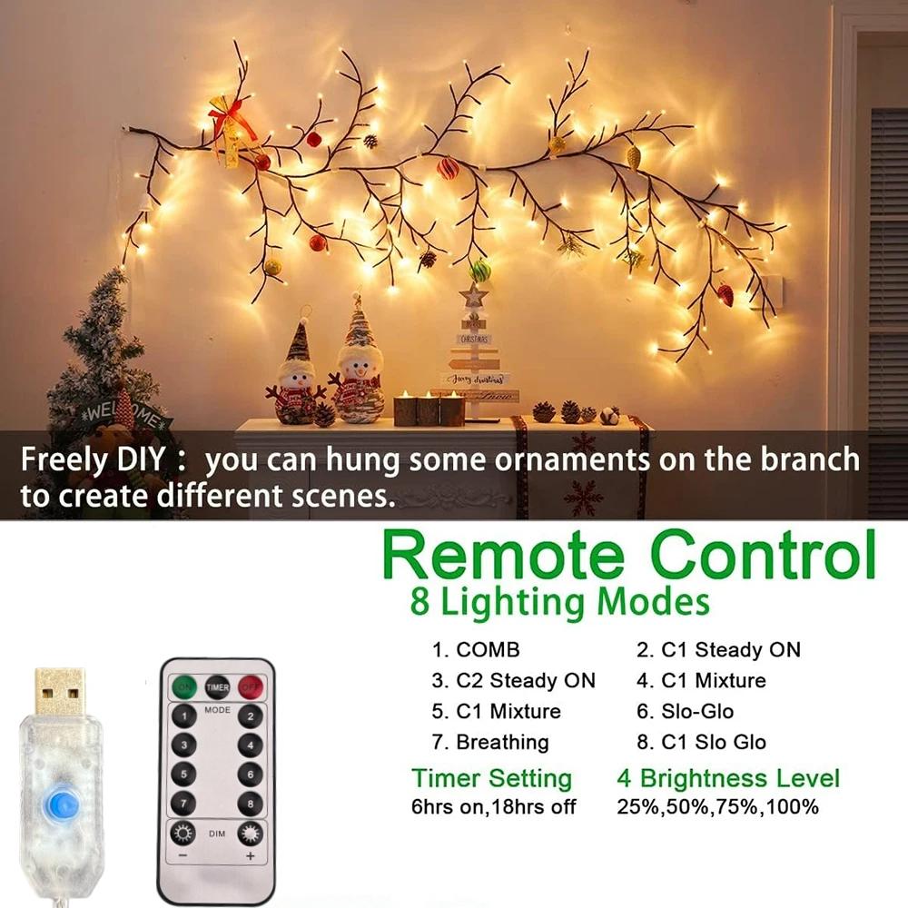 USB Tree Branch Lamp Bedroom Wall Decoration Willow Vine Tree Light Strip 8 Lighting Modes DIY Atmosphere Light Home Lighting