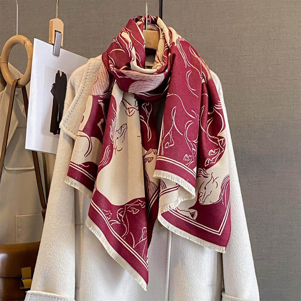 Autumn and winter new horse galloping printing large square scarf women's imitation cashmere versatile scarf high-end warm shawl