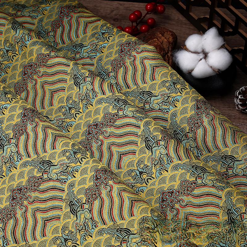100x150cm High Quality Jacquard Brocade Fabric Thick Soft Bamboo Leaf for Women Dress Hanfu Upholstery Sewing Cloth Gold Blue