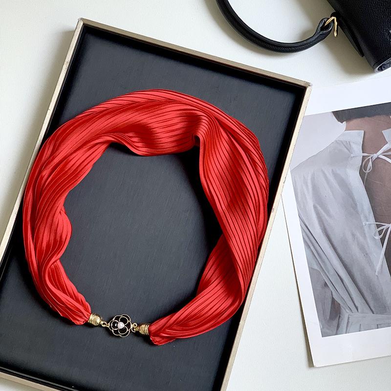 New Monochrome Magnetic Variety Silk Scarf Necklace Women's Pleated Summer Sunscreen Headscarf Decorative Scarf
