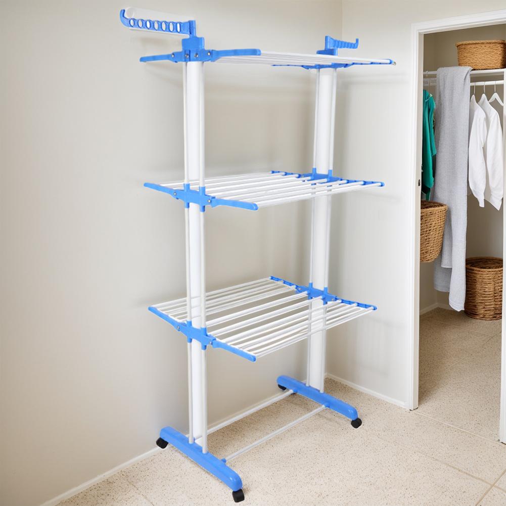 4-Tier Movable Foldable Laundry Drying Rack Free Standing with 4 Rolling Casters 2 Side Wings 24 Rods Space-Saving for Towels Cl