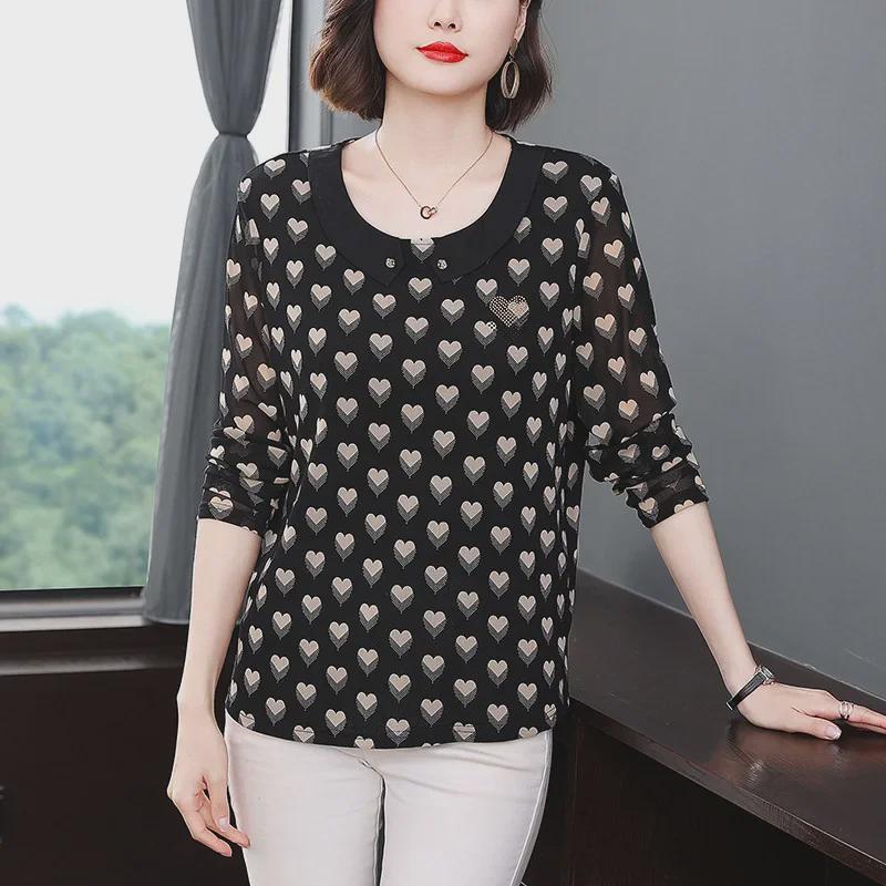 Spring 2023 Printed Collared Tops for Women - Long Sleeve, Plus Size, Middle-Aged Mom's T-Shirts