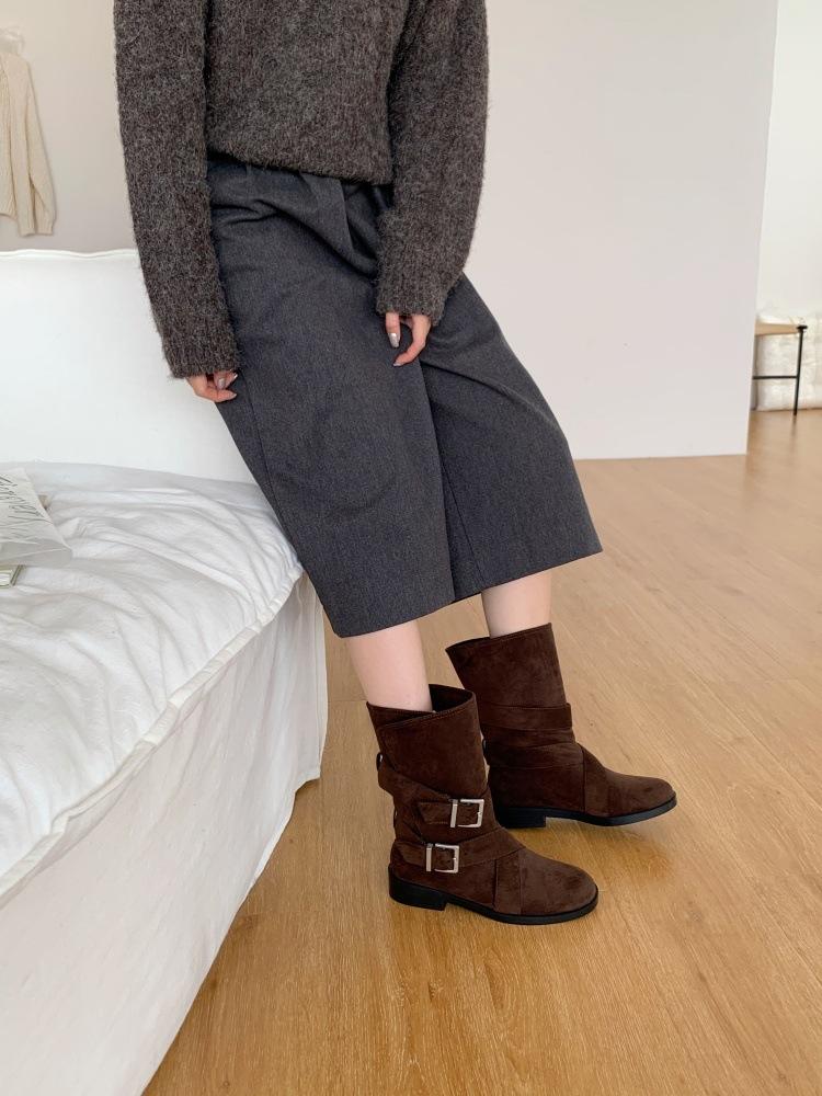2025 New Fashionable Spice Girl Round Head Buckle Belt Outer Wear Medium Tube Roman Martin Boots Versatile Fashion Boots