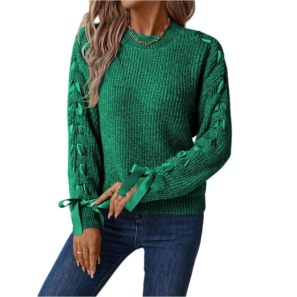 Women's Fashion Casual Pullover Loose Bowknot Solid Color Knitted Long Sleeve Sweater