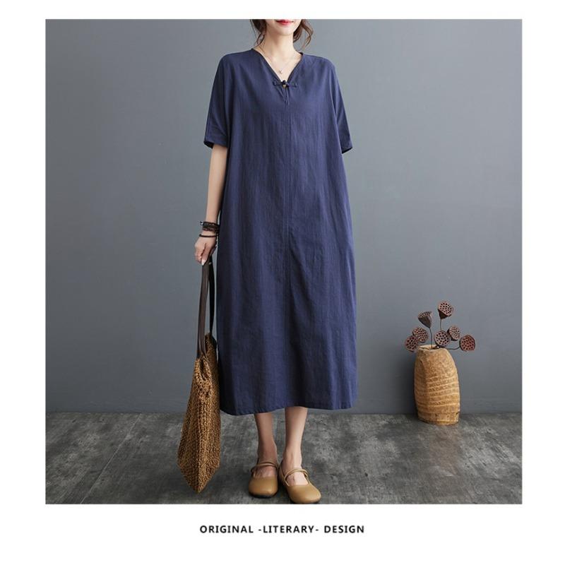 Summer New Cotton and Linen Artistic Retro Pullover Buckle Dress A-line Long Skirt