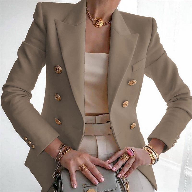 Chaqueta de traje occidental de moda para otoño y primavera: abrigo corto informal cruzado de color liso y corte entallado.