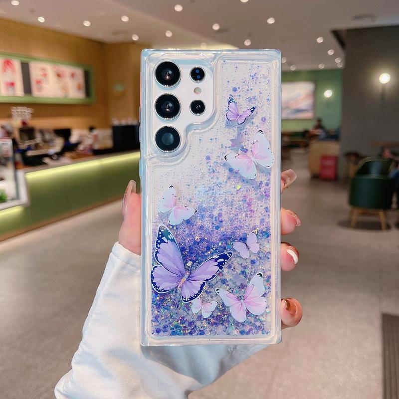 

Liquid Quicksand Luminous Clear Case For Samsung S25 Ultra S24 S23 A55 A35 A15 Butterfly Pattern Shockproof Phone Cover Samsung S23 Ultra фиолетовый