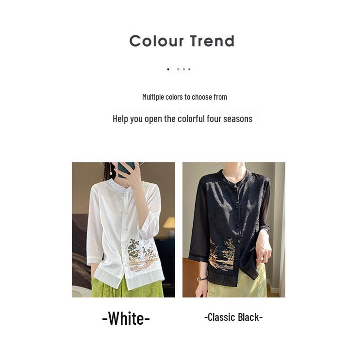 New Chinese Style Seven-Sleeve Xiangyun Yarn Jacket with Embroidered Stand Collar Faux Silk Shirt 