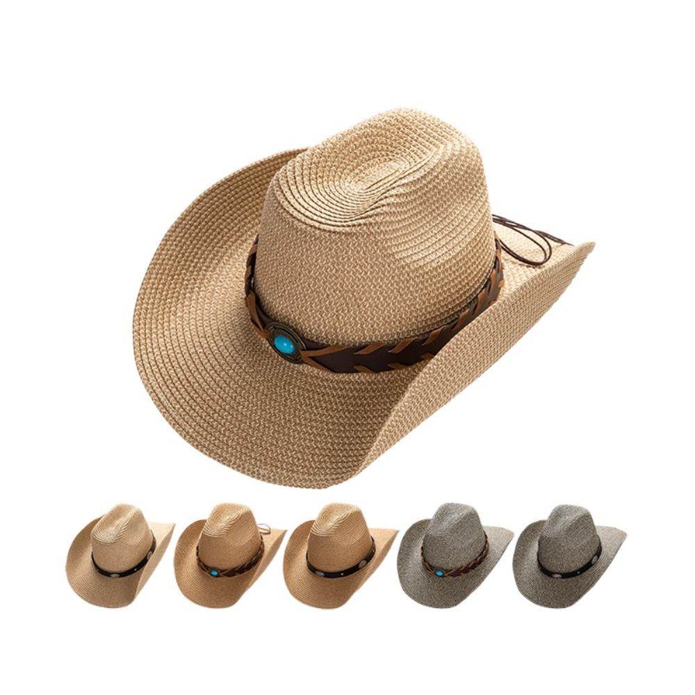 Solid Color Western Cowboy Hat PU Leather Belt Straw Sun Hat Simple Cowgirl Hat  Female
