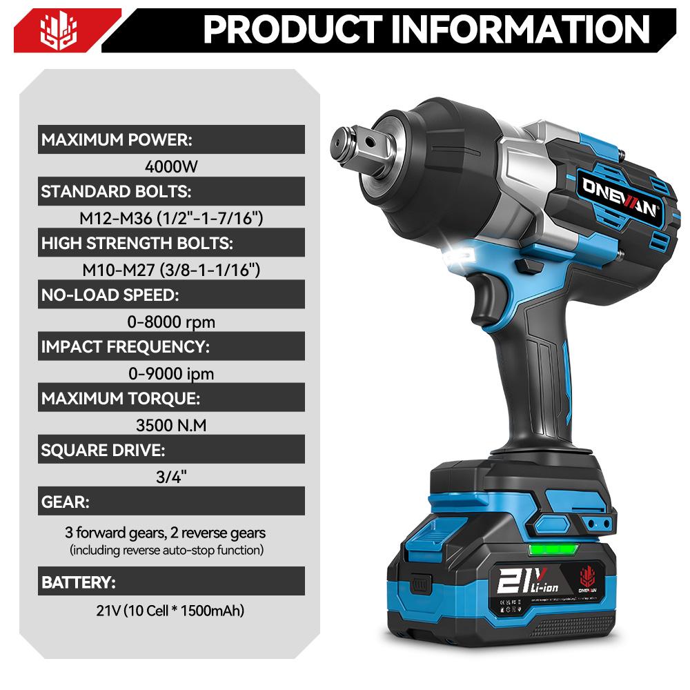 ONEVAN Torque Brushless Electric Impact Wrench 3/4 Inch 8 Gears Cordless Wrench Power Tools For Makita 18V Battery
