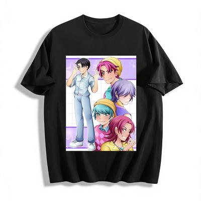 Anime Handsome Boys Print Casual T-shirt Unisex Loose Breathable Daily Top Trendy Manga Style Tee Pure Cotton T-shirt