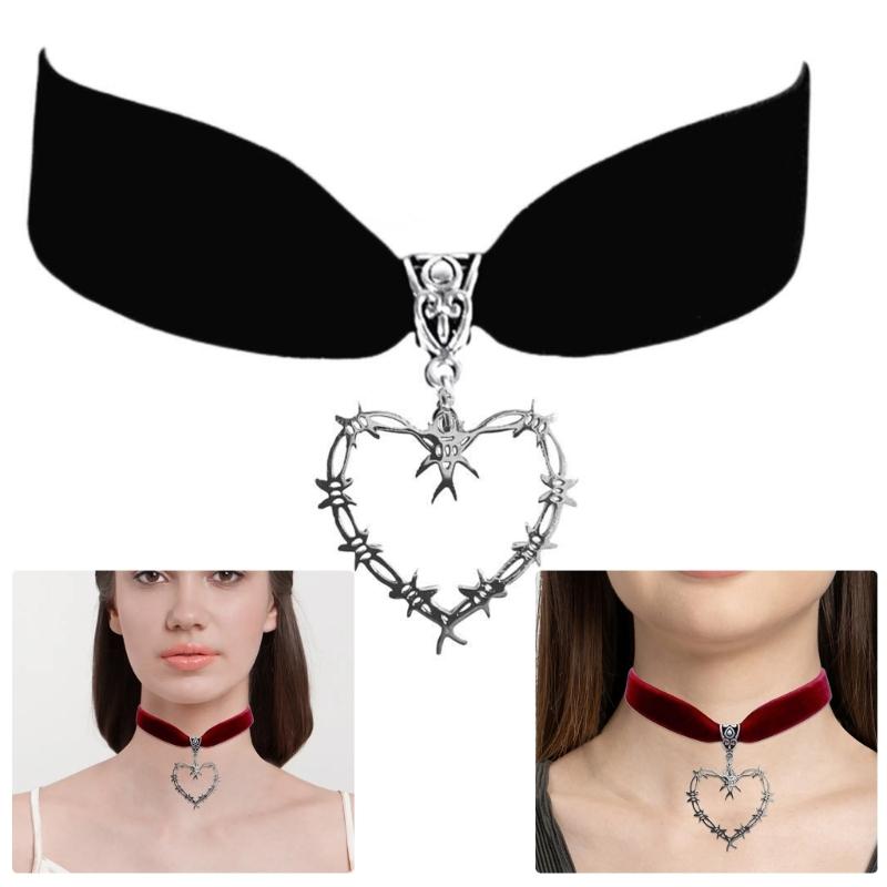Gothic Barbed Wire Thorns Heart Necklace Soft Velvets Choker Necklace,Aesthetic Necklace Trendy Jewelry Gifts for Womens