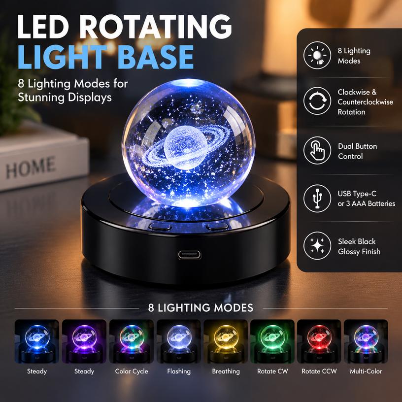 LED Rotating Light Base with 8 Lighting Modes, USB/Battery Powered