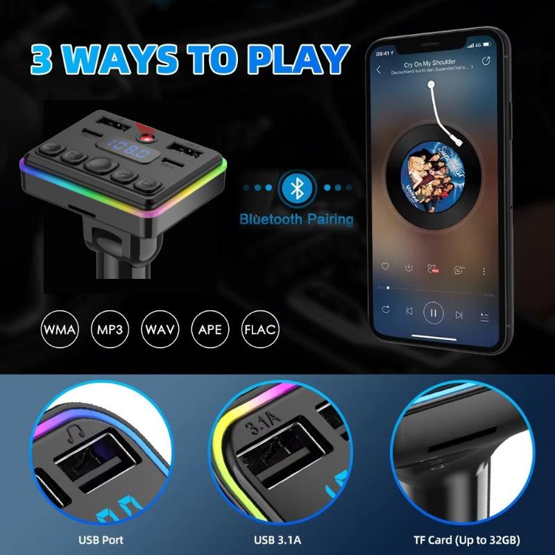 Bluetooth 5.4 Araç Şarj Cihazı FM Verici Tip-C Çift USB Ortam Çalar Kablosuz Eller Serbest Çağrı MP3 Modülatör Çalar Şarj Cihazı