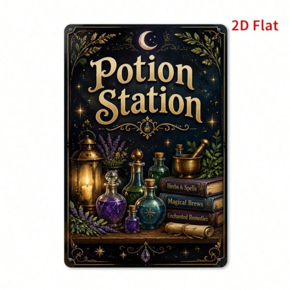Vintage 2D Potion Station Tin Sign, Crescent Moon Witch Decor, Metal Plaque for Bedroom Wall