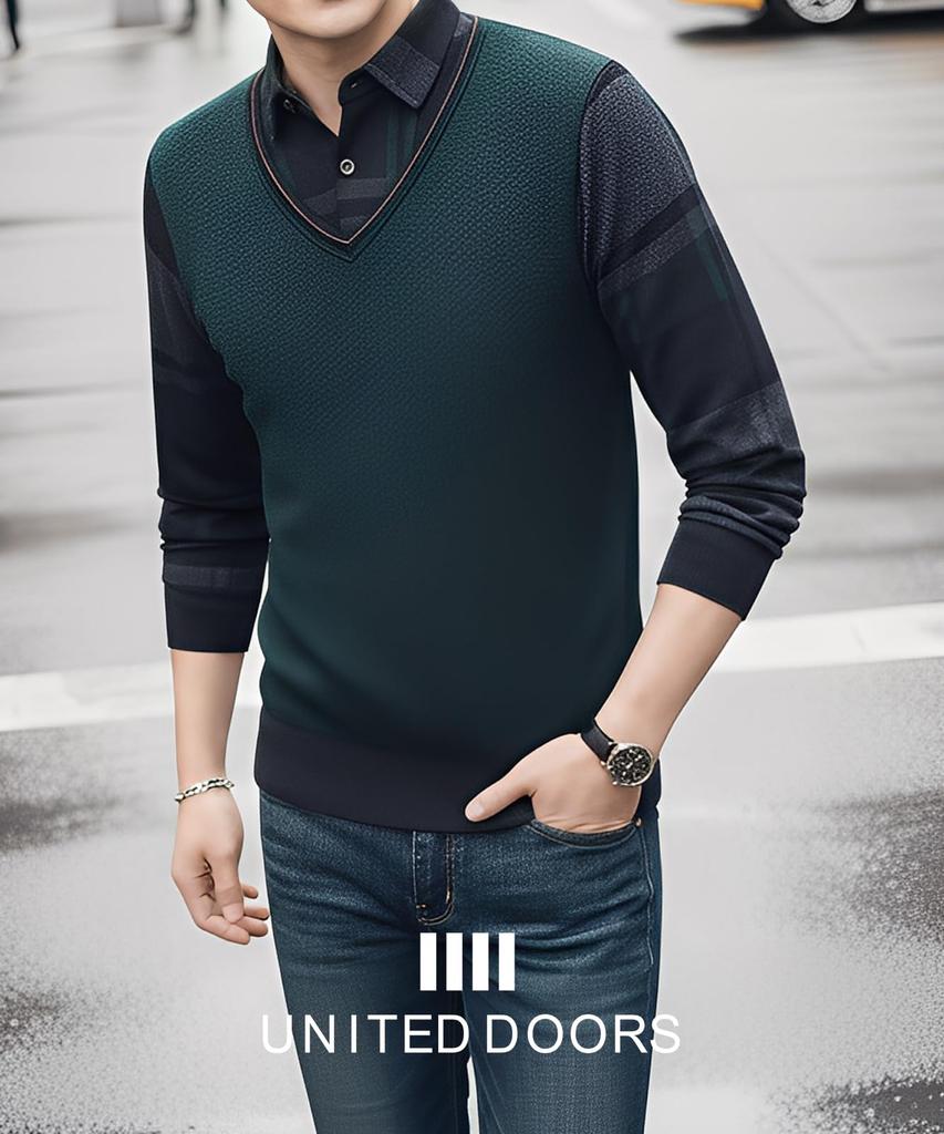 United Doors Faux Layered Checkered Knit Perfect for Everyday Men's Shirt, Wear, Green, 5A-D06-GRXL