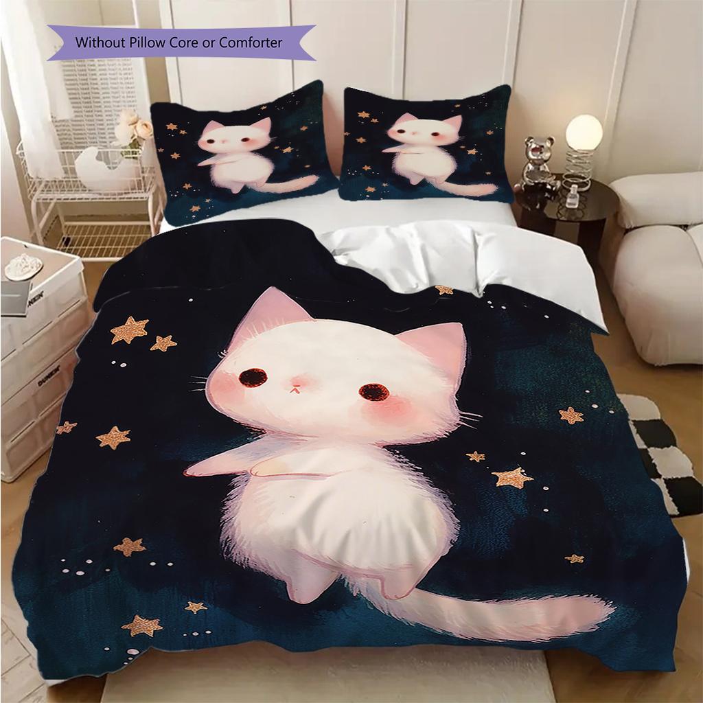 White Cat Pattern Bedding Quilt Set Quilt Cover Pillowcase Home Decoration Birthday Gift (1 * Duvet Cover + 2 * Pillowcase, Without Core)