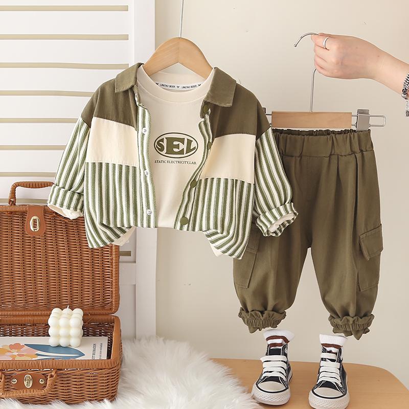0-5-year-old boys' long sleeved 3-piece set, Children's fashionable striped jacket+letter printed T-shirt+casual pants set