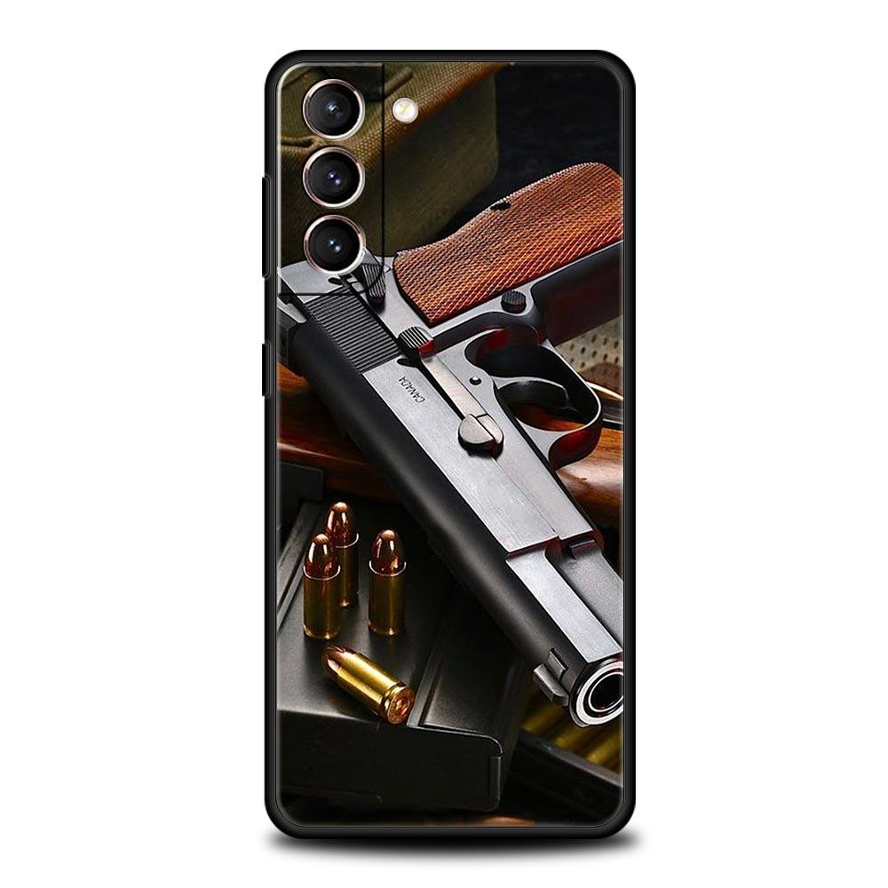 AK47 Handgun Gun BUllets Phone Case For Samsung Galaxy S23 Ultra S22 S21 S20 FE 5G S10 S10E S9 S8 Plus Note 20 Soft Black Cover
