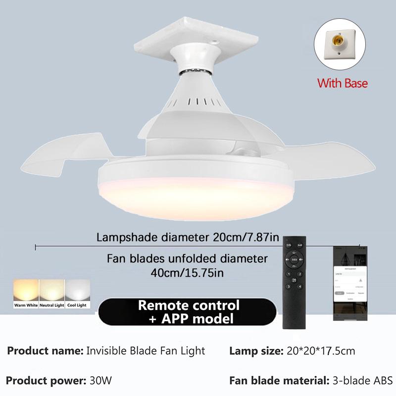 LED Fan Light Hanging Invisible Fan Blade With E27 Base Mute Remote Control +APP Dimmable Living Room Bedroom Study Lighting