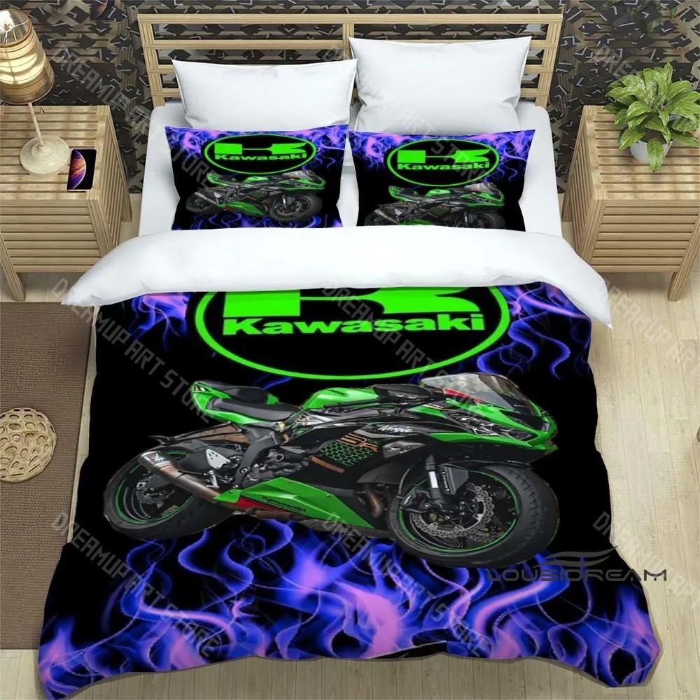 Set Biancheria da Letto Stampa Retro 3D Logo Moto K-Kawasaki Set Biancheria da Letto Elegante Copripiumino Coperta Trapuntata Letto Regalo di Compleanno di Lusso